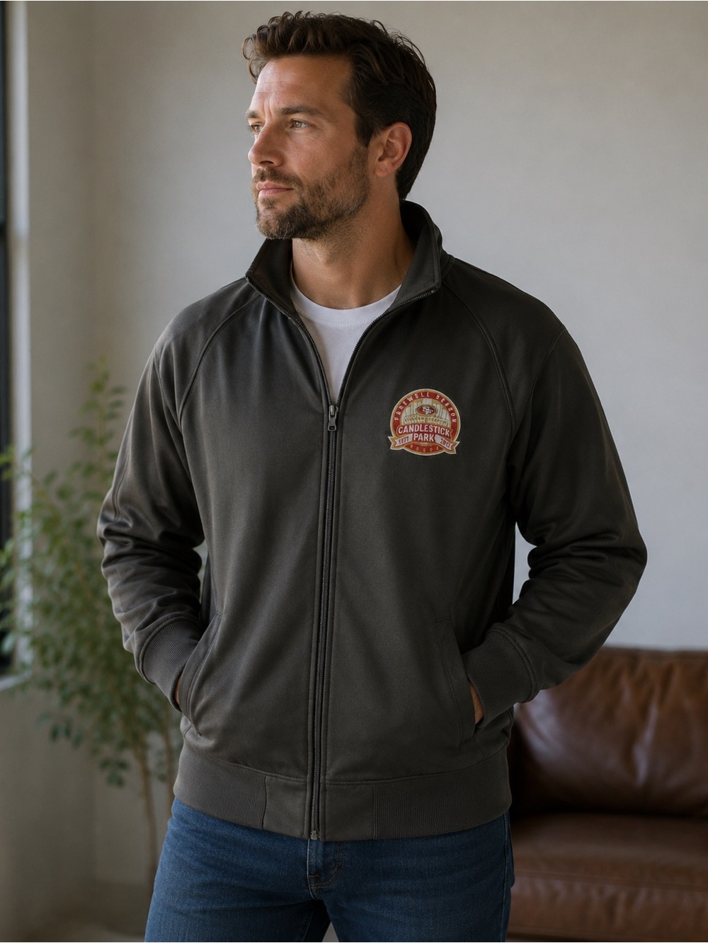 49ers Farewell Season Candlestick Park Long Sleeve Zip Jacket Mens Medium Black